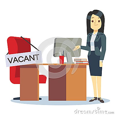 Employment, vacancy and hiring job vector concept. Cartoon character HR manager and office workplace Vector Illustration