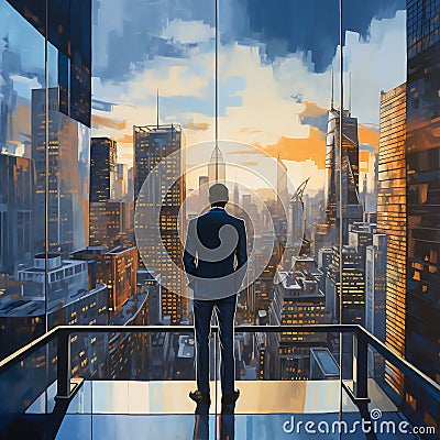 An empowered, successful businessman gazes confidently from his office skyscraper window, looking at the cityscape Stock Photo