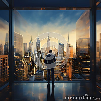 An empowered, successful businessman gazes confidently from his office skyscraper window, looking at the cityscape Stock Photo