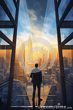 An empowered, successful businessman gazes confidently from his office skyscraper window, looking at the cityscape Stock Photo