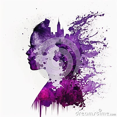 Empowered Woman in a Double Exposure of Violet and Purple Colors. Stock Photo