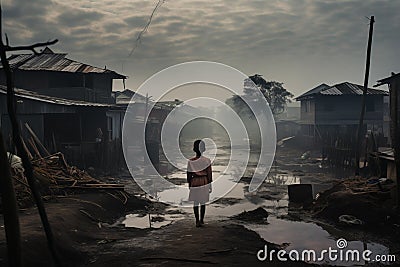 Back view of child walking in abandoned penniless village. Generative AI Stock Photo