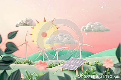 Empowering villages with renewable energy, illustrations of solar panels and wind turbines Stock Photo