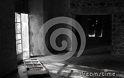 Empty abandoned hotel room Stock Photo