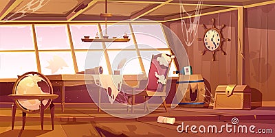 Empty abandoned old pirate ship cabin Vector Illustration