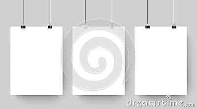 Empty affiche mockup hanging on paper clips. White blank advertising poster template casts shadow on gray background Vector Illustration