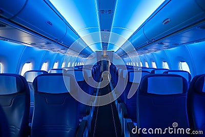 Empty aircraft blue interior light. Generate Ai Stock Photo