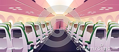 Empty airplane cabin with chairs, digital screens Vector Illustration