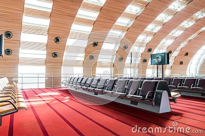 Empty airport terminal waiting area with chairs Editorial Stock Photo