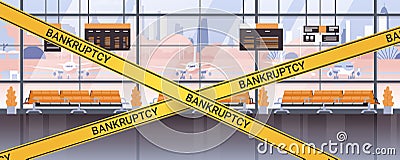 Empty airport with yellow bankruptcy tape coronavirus pandemic quarantine covid-19 concept Vector Illustration