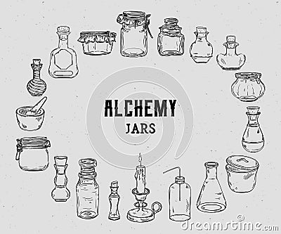 Empty alchemy jars for potions collection. Magic bottles for halloween decoration. Vector Illustration