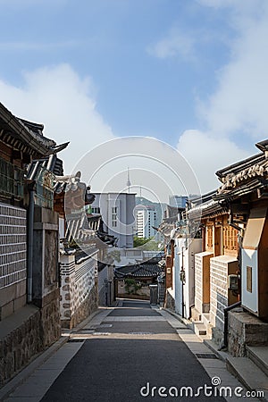 Empty alley at the Bukchon Hanok Village in Seoul Editorial Stock Photo