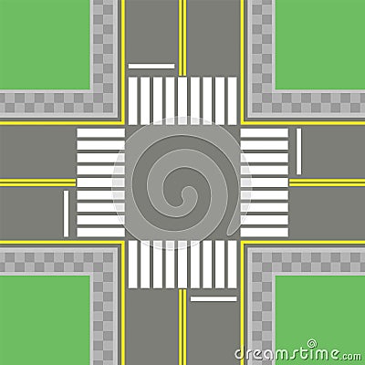 Empty asphalt crossroad with marking, walkways. Vector Illustration