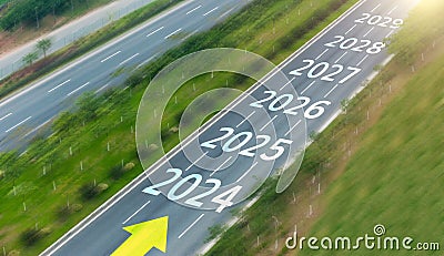 Empty asphalt road with numbers 2024, 2025 to 2029 Stock Photo