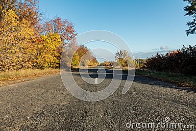 Empty autumn road along golden winter wheat fields at sunset Stock Photo