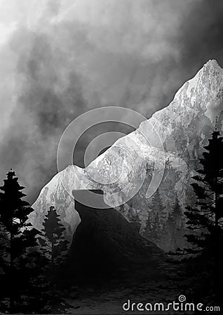 Empty background with a coniferous forest, a mountain path and a high ice rock with a sharp peak. Gloomy, winter landscape Stock Photo