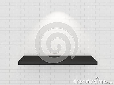 Empty balck shelf on white brick wall Stock Photo