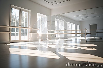 Empty ballet classroom with large windows.Photorealistic image created by AI Stock Photo