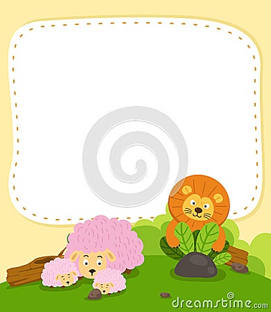 Empty banner template with lion hunting a sheep Vector Illustration