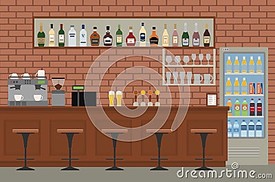 Empty bar interior. Pub with wooden counter, chairs and equipment. Vector Illustration