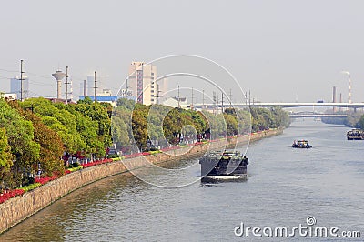 Empty barge on channel in China village Stock Photo