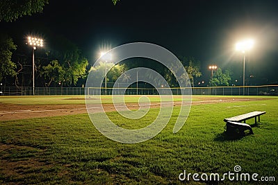 An empty baseball field under bright floodlights at night, AI generated Stock Photo