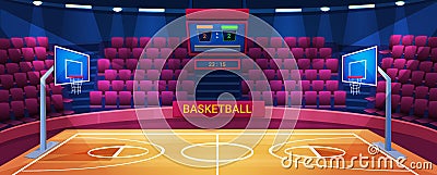 Empty basketball arena, sport stadium vector illustration, cartoon flat court field interior with illumination Vector Illustration