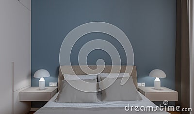 Empty bedroom interior room with blue empty wall for poster Stock Photo