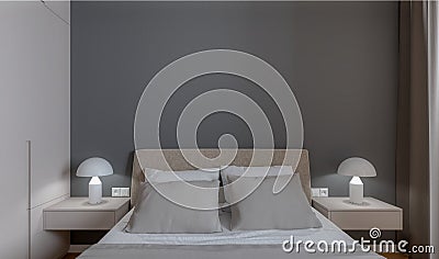 Empty bedroom interior room with grey empty wall for poster Stock Photo