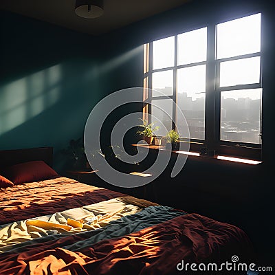 Empty bedroom with morning sunlight beaming through the window, generative ai Cartoon Illustration