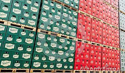 Empty beer bottles aranged in packs in brewery storage lot Editorial Stock Photo