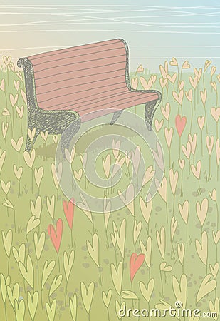 Empty Bench in Love Garden Vector Illustration