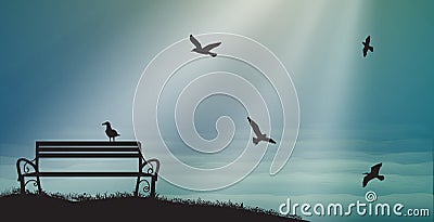 Empty bench with seagulls and sun rays, shadows, memories, sea sweet dreams, Vector Illustration