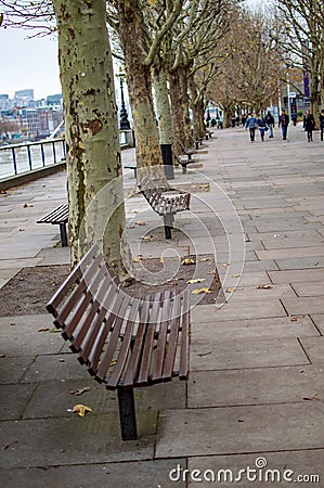 Empty bench on south bank london Editorial Stock Photo