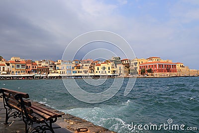 Empty bench old harbor in Chania after stormy weather Editorial Stock Photo