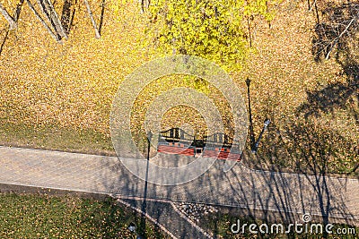 Empty benches in the autumnal park. footpath with fallen leaves and long shadows. aerial photo Stock Photo