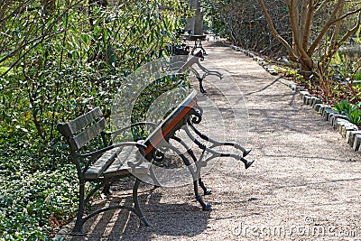 Empty benches in the park. Quarantine, pandemic. The spread of the coronavirus. restrictive measures. Stock Photo