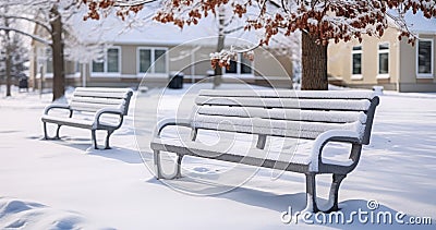 Empty Benches in a Snow-Covered Park, Nestled Among Neighborhood Homes in a Scenic Landscape Stock Photo