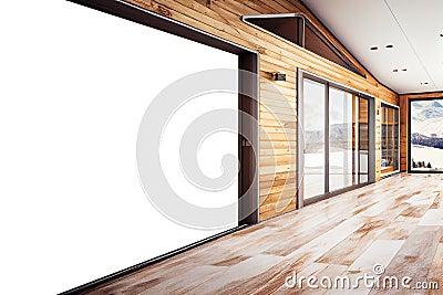 Empty billboard on the facade of a wooden luxury house in the mountains. AI Generated Stock Photo