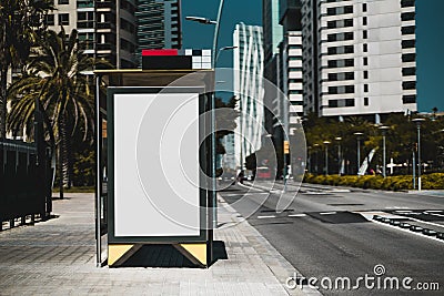 Empty billboard placeholder template on the bus stop with the road on the right; blank advertising banner mock-up in urban Stock Photo