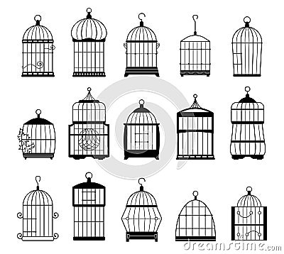 Empty bird cage silhouettes. Cute bird house for different types of birds, decorative metal cage for domestic canary Vector Illustration