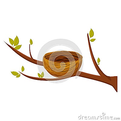 Empty bird nest from twigs on tree branch with leaves isolated on white background. Spring time, vector clipart, brown wooden Vector Illustration