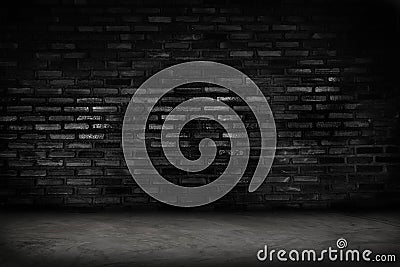 Empty black brick wall and concrete floor for background. Dark room interior with black brick wall blank cement floor for backdrop Stock Photo