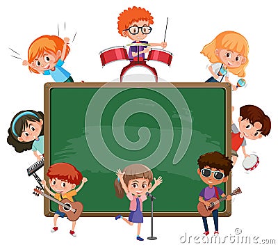 Empty blackboard with kids playing different musical instruments Vector Illustration