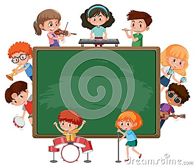 Empty blackboard with kids playing different musical instruments Vector Illustration