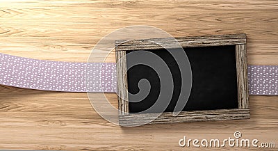 Empty blackboard on rustic wooden background with loop tape 3d Rendering Stock Photo