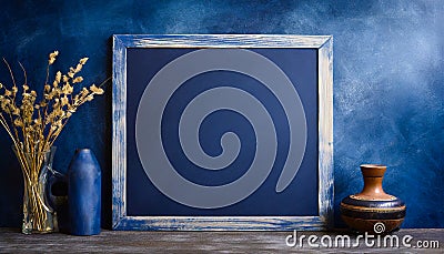 Empty blackboard with vase and dried flowers in a glass on dark blue background Stock Photo