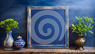 Empty blackboard with vase and flowers in a glass on dark blue background Stock Photo