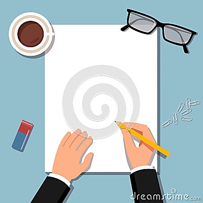 Empty blank. Pen in hand. A blank paper to write.Man hold pencil and writes. Business man holding pencil wth empty paper. Vector Illustration