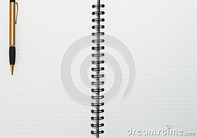 Empty blank ring, spiral notepad, one gold pen on left Stock Photo